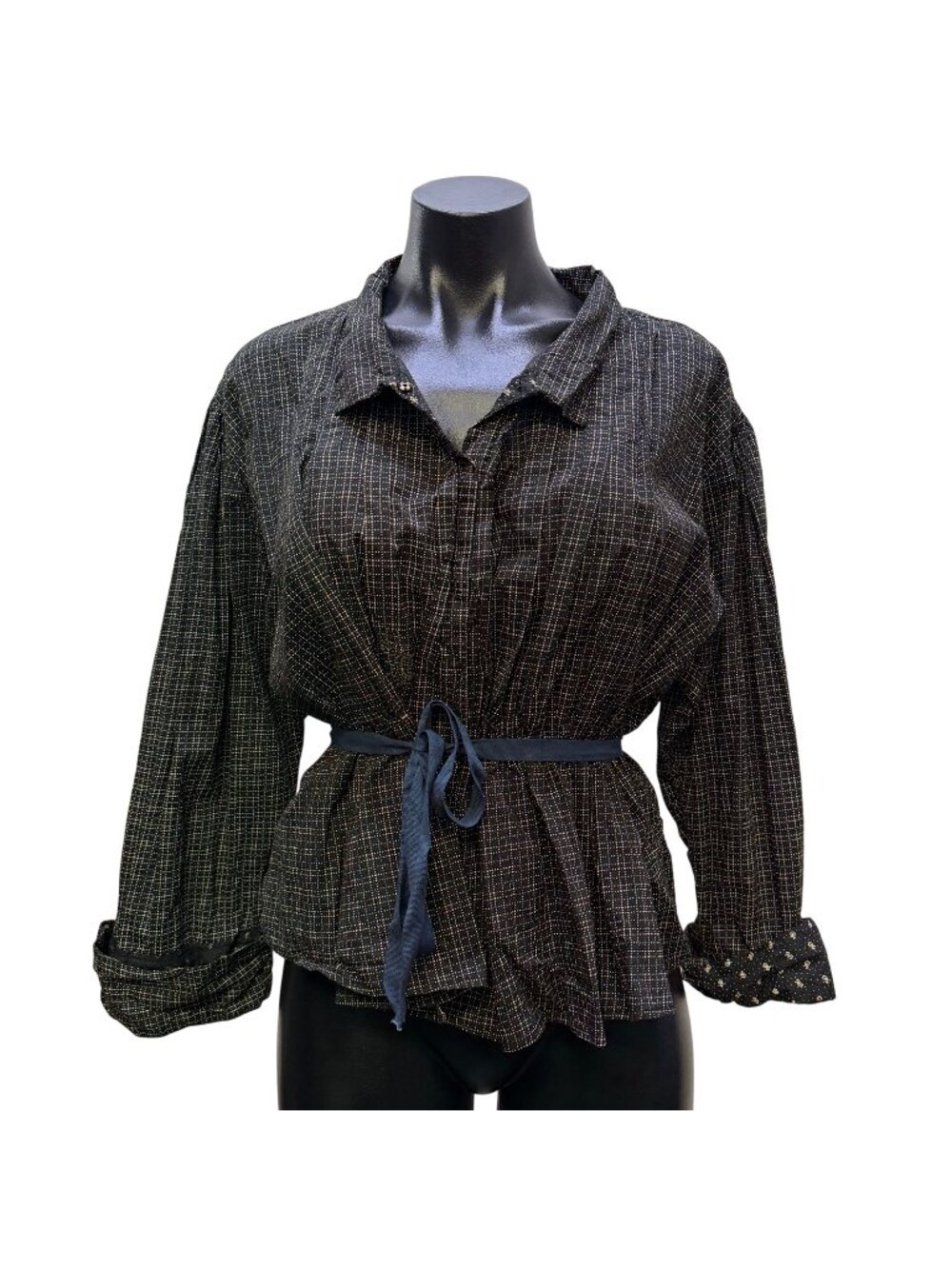 Magnolia Pearl Cream & Black Checkered Cotton Blouse With Tie Back OS
